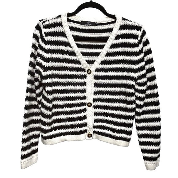 Lillusory Black White Striped V-neck Long Sleeve Sweater Top S - Picture 1 of 7